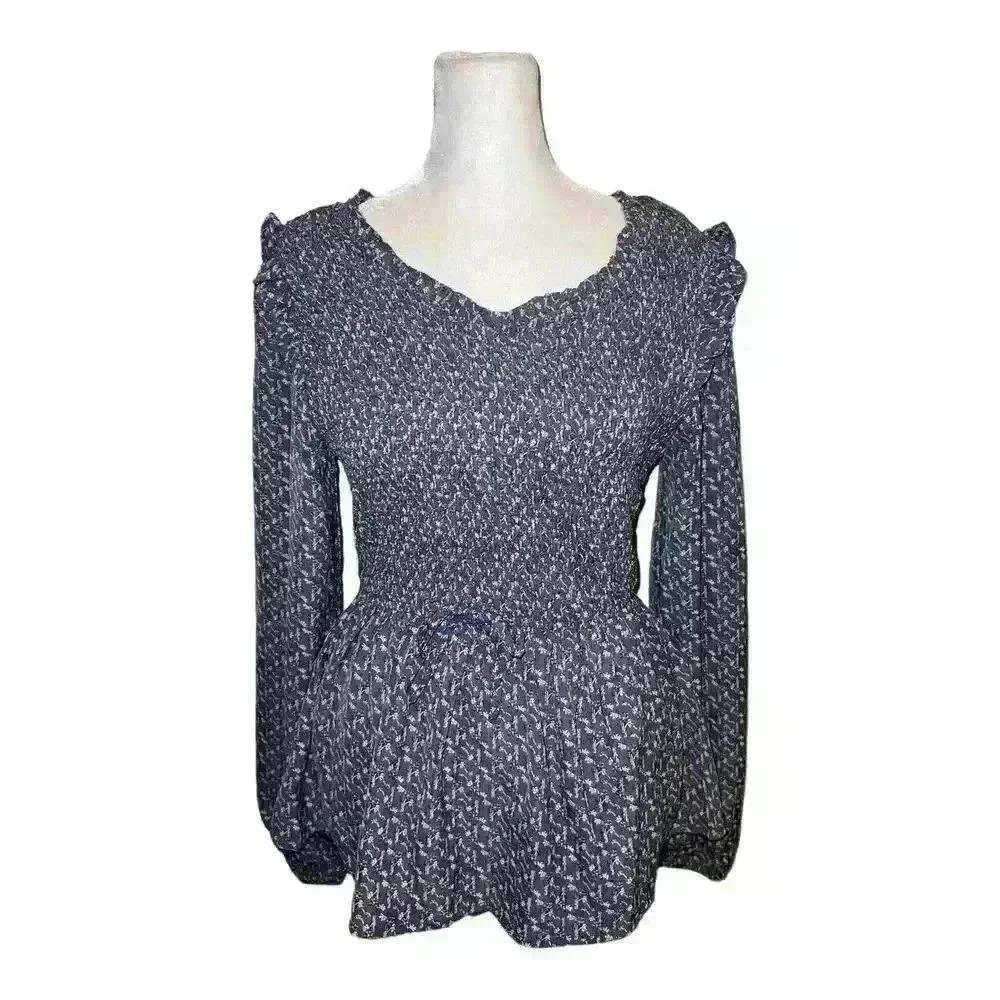 Hayden Los Angeles Botanical Printed Boho Top Small Blouse Lace Babydoll